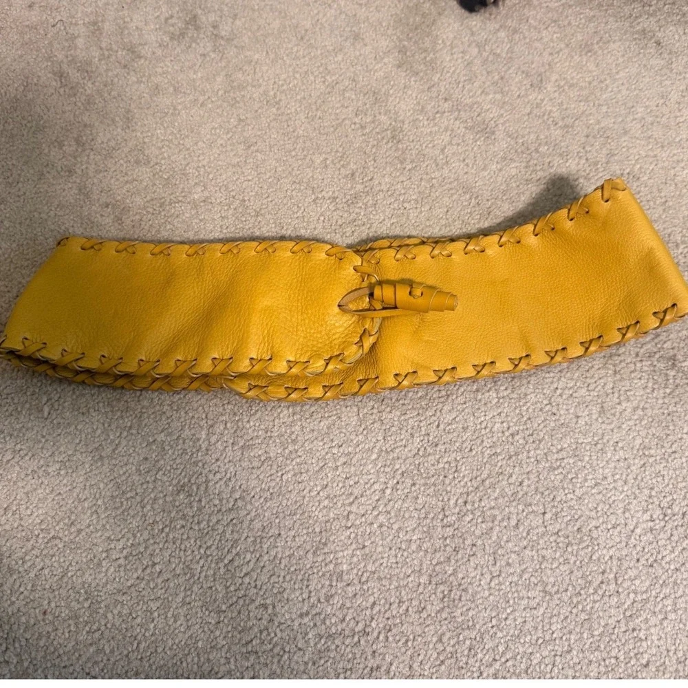 Vtg Randell Dodge Yellow Leather Whipstitch Wide Waist Belt  Made In Italy Boho